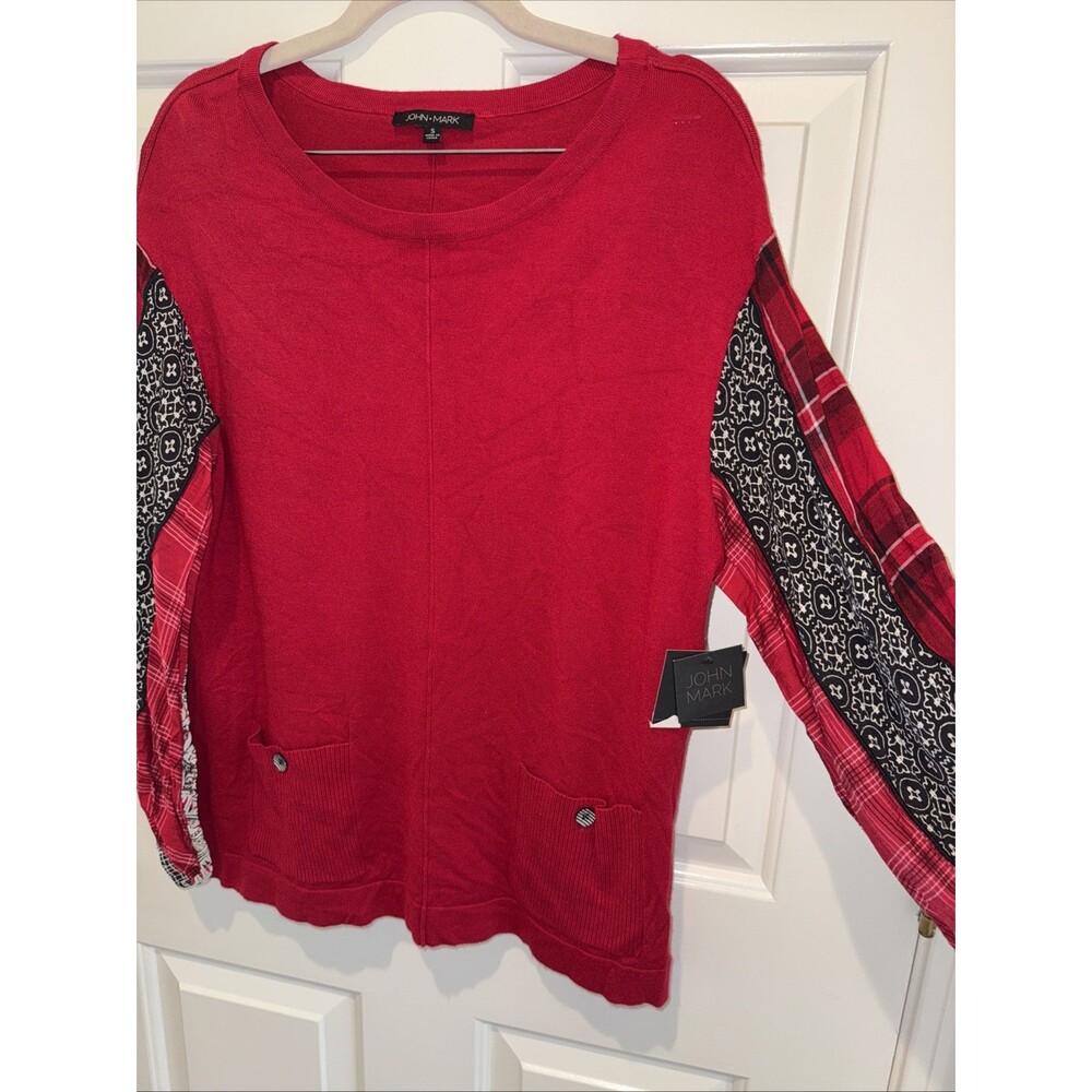 JOHN MARK Red Lightweight Sweater NWT with Patterned L/Sl Elastic Sleeves - Picture 6 of 11